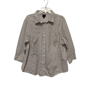 Worthington Woman 2X White Black Geometric Lattice 3/4 Sleeve Button Down Shirt